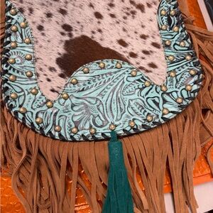 Fringed Crossbody Bag with Turquoise Tooled Trim and Cowhide Accent